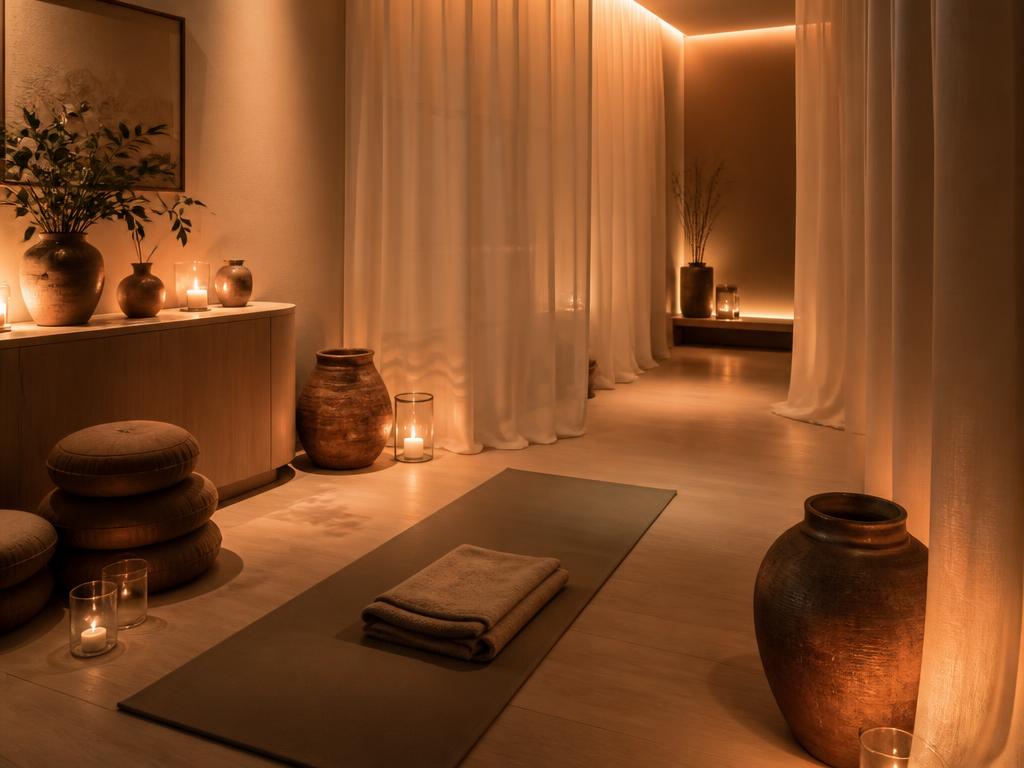 A warm, softly lit wellness room with ivory linens and gentle amber light