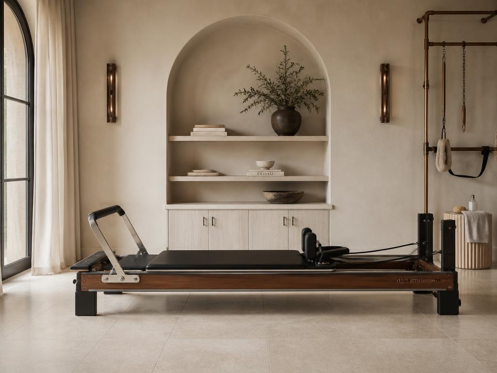 A single precision reformer in a warm, sunlit Pilates studio