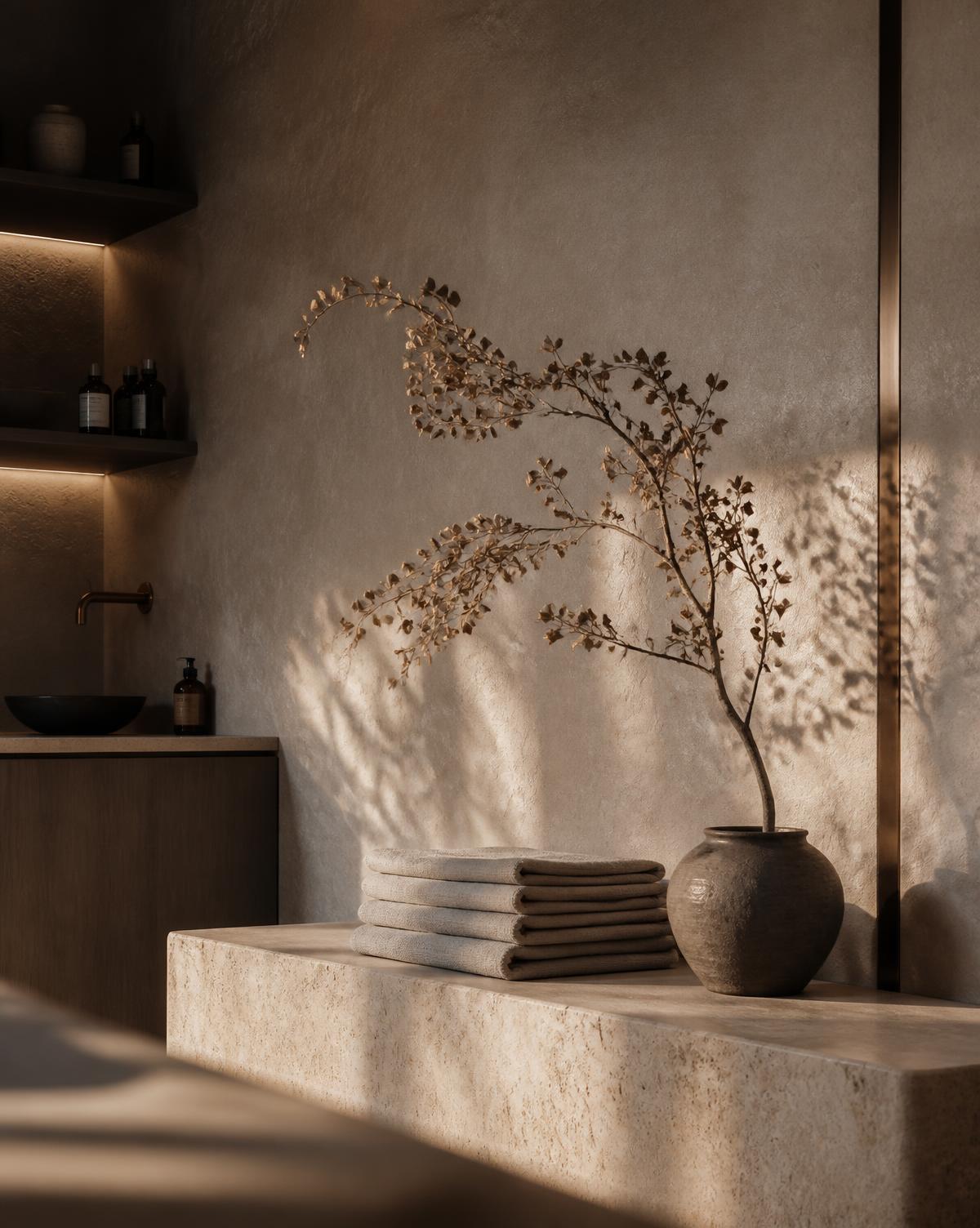 Travertine bench with folded ivory linens and bronze detailing in warm light